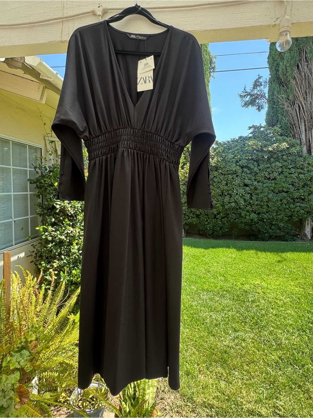 Zara Black V-Neck Smocked-Waist Midi Dress